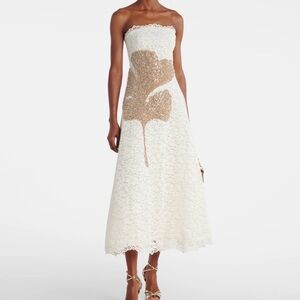 Elegant White and Gold Strapless Lace Dress
